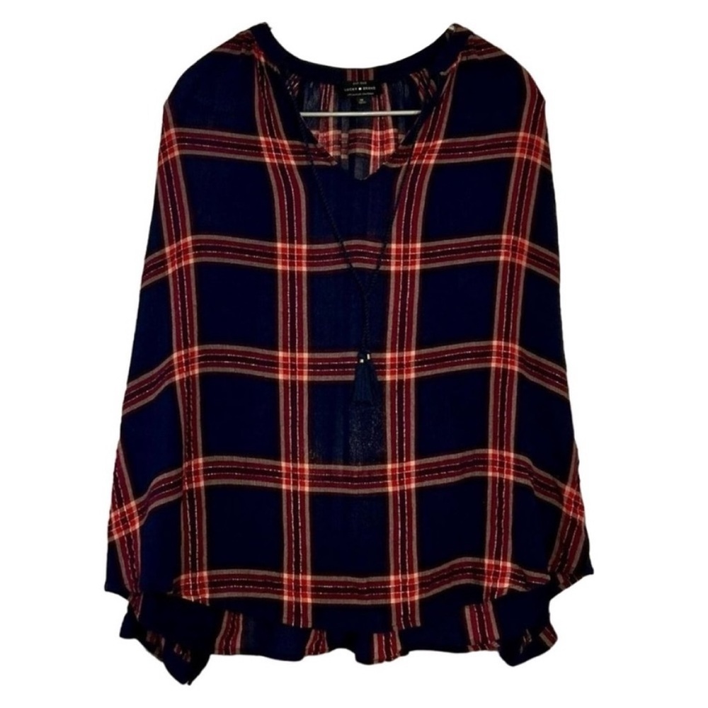 Lucky Brand Plaid Top, Blue & Red Metallic Long Sleeve Gauzy Tassel Blouse, 1x
